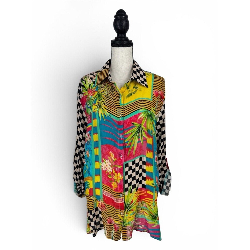 Shana‎ Funky Tunic Top Tropical Floral Check Tab Sleeves 💯 Viscose Maximalist M